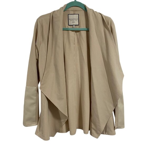 Bagatelle Colelction Tan Waterfall Open Cardigan w/Faux Leather Arm Patches Size - Picture 1 of 8
